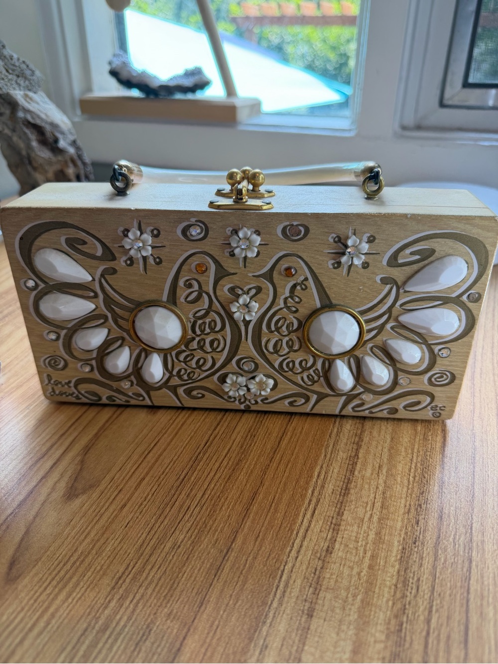 Vintage 1960s Enid Collins "Love Doves" Wood Jeweled Box Bag Purse 8.5x4x2” - Picture 6 of 13